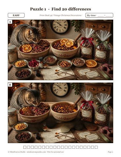 A puzzle page with two Christmas pictures, a timer box and 20 checkboxes